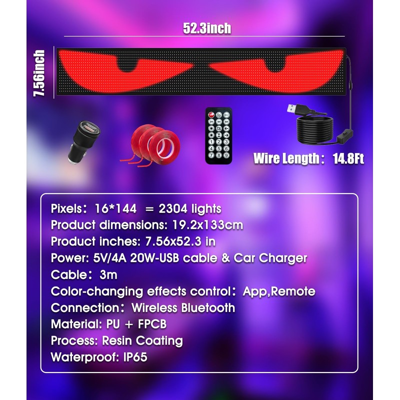 LED Devil Eyes for Truck Windshield, Extra-Large 52.3"x7.5" 1Pcs Eye