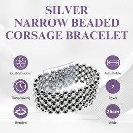 Corsage Creations Narrow Classic Beaded Corsage Bracelet | Elasticated Design for All Wrist Sizes | Easy-to-Use Plastic Attachment | Elegant & Durable | Ideal for Weddings & Special Occasions (Silver)