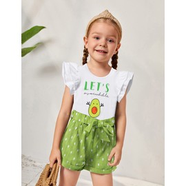 MIGU Toddler Girl Clothes 4T-5T Girls Summer Outfits Girls Clothing Sets with Avocado Ruffle Short Sleeve Top + Green Shorts Pants + Bow Hairband 3Pcs Set