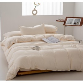 Queen Size Quilt Cover Set 1200TC 100% Washed Microfiber Solid Plain Color Quilt Cover & 2 Pillowcases- Soft and Breathable with Zipper Closure & Corner Ties