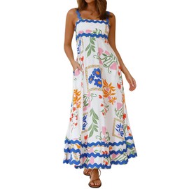 IDOPIP Women 2024 Summer Boho Floral Print Maxi Dress - Beach Sundress with Spaghetti Straps, Smocked Ruffle, Empire Waist - White XL