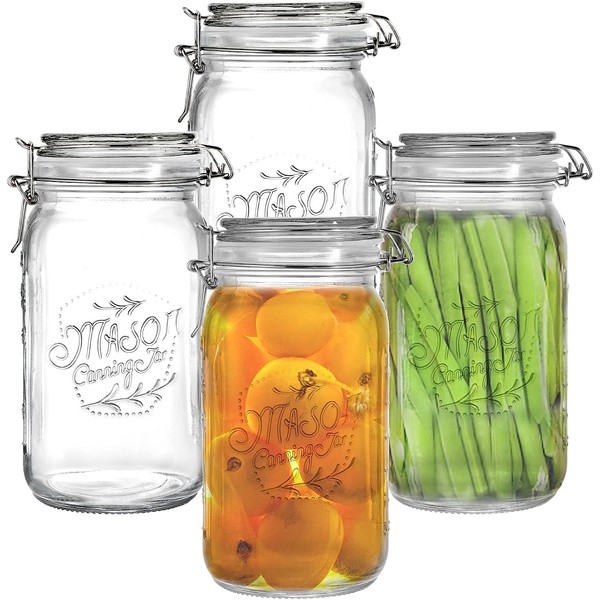 Tebery 4 Pack Clear Wide Mouth Glass Mason Jars with Airtight Clamp Lids, 32Oz Glass Storage Containers Large Kitchen Canisters for Food, Flour, Pasta, Coffee, Candy, Dog Treats, Snacks & More