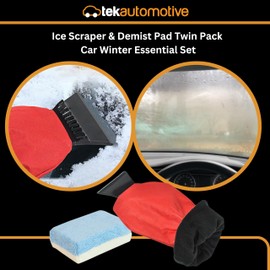 Tek Automotive Winter Car Kit – Twin Pack Ice Scraper with Fleece Lined Waterproof Glove & Microfibre Chamois Demister Pad – Car Accessories, Ice Scraper for Car Windscreen, Car Condensation Remover