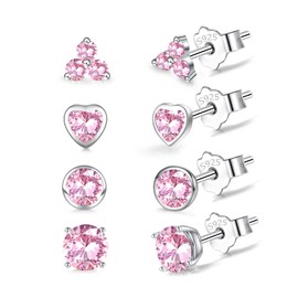 4 Pairs Sterling Silver Studs Earrings Set for Women Girls, Hypoallergenic 925 Silver Earrings Trio Flower Heart Round Pink Cubic Zirconia Stud Cartilage Sleeper Helix Studs for Multiple Piercing