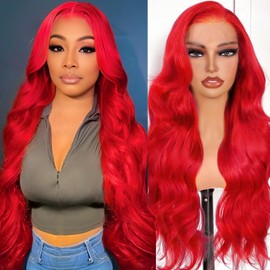 Shciyair 32 Inch Red Wig Human Hair 13x4 Lace Front Wigs Human Hair Pre Plucked 200 Density Red Body Wave Wig Human Hair Red HD Lace Frontal Wigs With Baby Hair