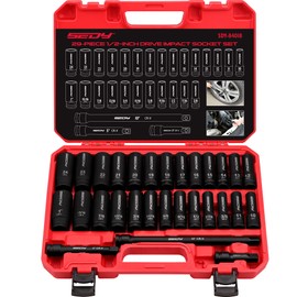 29-Piece 1/2" Drive Impact Socket Set, SAE (3/8 to 1 inch) and Metric (10-24mm) Sizes with Extension Bars Standard Deep Socket Set CR-V Material High Durability Impact Wrench