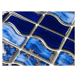 Tenedos Wave Sea Cobalt Blue with Calacatta Gold Porcelain Lineup Border Pool Wall Tile on 6x12 Mesh for Easy Installation, for Bathroom Wall, Backsplash (1 Piece)