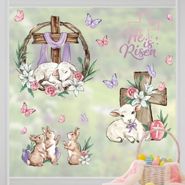 Yovkky Christian Easter He is Risen Window Clings 4 Sheets, Religious Cross Lamb Bunny Rabbit Stickers Decals Decor, Spring Faith Lily Flower Butterfly Easter Eggs Home Kitchen Decorations