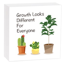 Inspirational Growth Looks Different for Everyone Plant Wooden Box Sign, Motivational Quote Wood Sign Office Desk Decor, Office Home Bathroom Classroom Shelf Decorations, Inspirational Gift