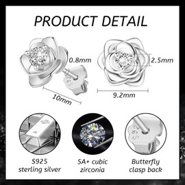 WOZNU Small Rose Stud Earrings Silver 925 Earrings for Women Girls Hypoallergenic Small Rose Flower Earrings, Titanium