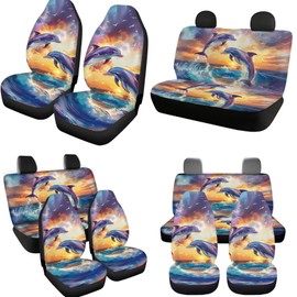 FKELYI Dolphin Waterproof Womens Car Seat Covers - Full Set with Auto Seat Belt, Gear Shift, Handbrake & Steering Wheel Covers