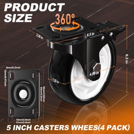 5 Inch Heavy Duty Casters, 2600lbs Capacity (Set of 4) - Industrial Swivel Caster Wheels with Brakes for Workbenches, Carts & Furniture - Floor Protecting & Quiet Roll