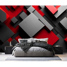 PYFFYP- Black and red 3D Geometry Wallpaper murals for Living Room(Not Peel and Stick)