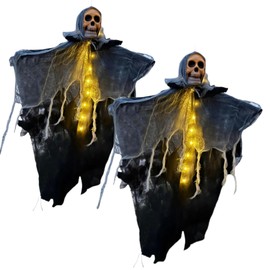 Decoración de Halloween Colgantes de Fantasma Calavera LED, Tela Negra, 80 cm x 61 cm, Flexible, Iluminación Fantasmagórica para Interior y Exterior. Set de 2 Piezas.