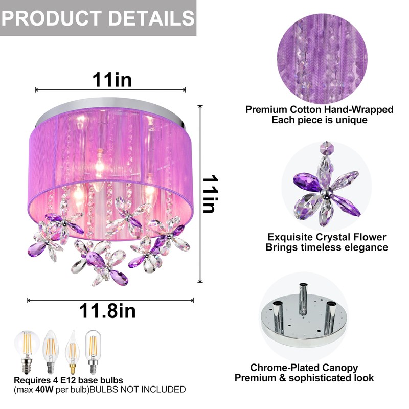 LaLuLa Purple Crystal Chandelier for Girls Bedroom, 3-Light E12 Flush