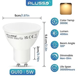 ALUSSO LIGHTING ALUSSO LIGHTING Pack of 10 GU10 Warm White 5W LED Bulbs Replaces 50W Halogen Lamps, 400 Lumens, 120 Beam Angle, Flicker-Free Spotlight, Non-Dimmable Reflector Bulb, Pack of 10