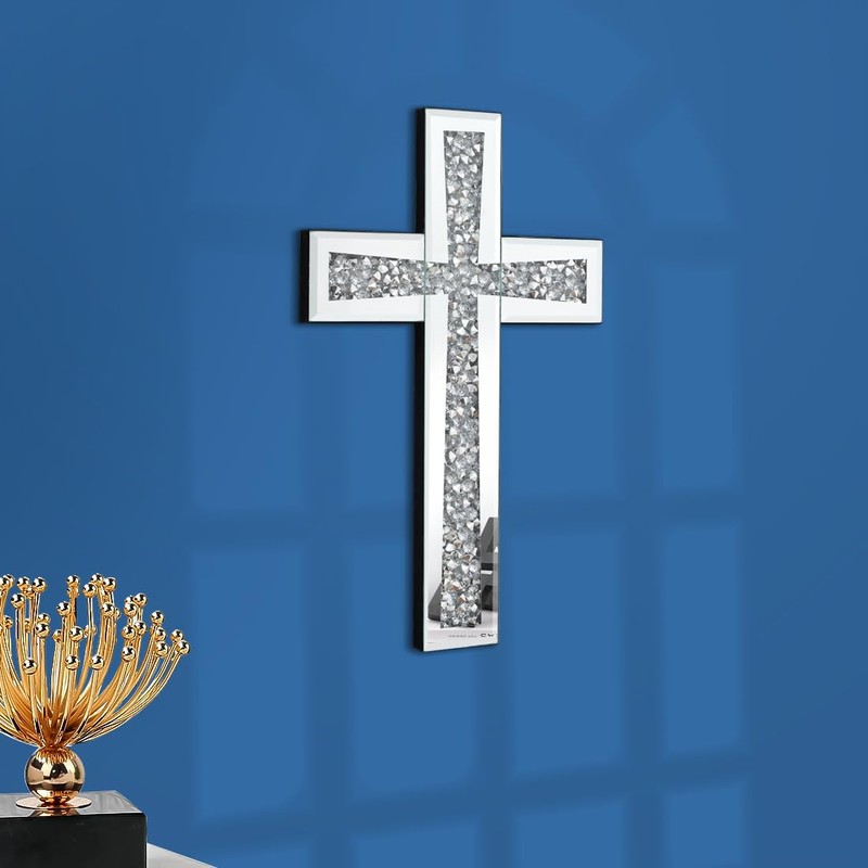 Aeveco Silver Mirrored Wall Cross 15×10 inch, Crystal Crush Diamond