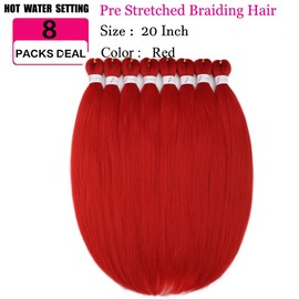 Pre Stretched Braiding Hair Extensions 20 Inch 8 Packs Professional Synthetic Braid Hair for women Crochet Braids Soft Yaki Texture Hot Water Setting(20",red)