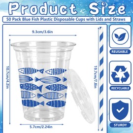 50 Pcs Blue Ocean Fish Plastic Cups with Lids and Straws 12 Oz Clear Drinking Cups Under The Sea Fish Disposable Cup for Summer Birthday Holiday Party Supplies