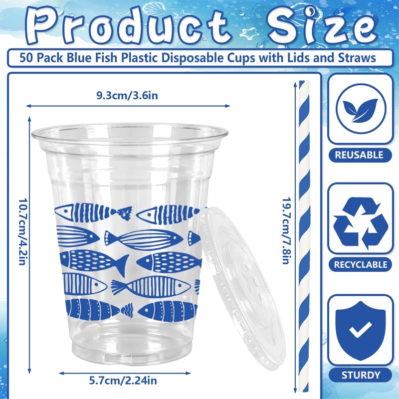 50 Pcs Blue Ocean Fish Plastic Cups with Lids and