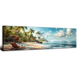 Beach Palm Tree Wall Art Coastal Ocean Seascape Painting Canvas Prints Rustic Tropical Sea Picture for Living Room Nature Seaside Scene Seawave Artwork Bedroom Bathroom Office Home Decorations 14x48"
