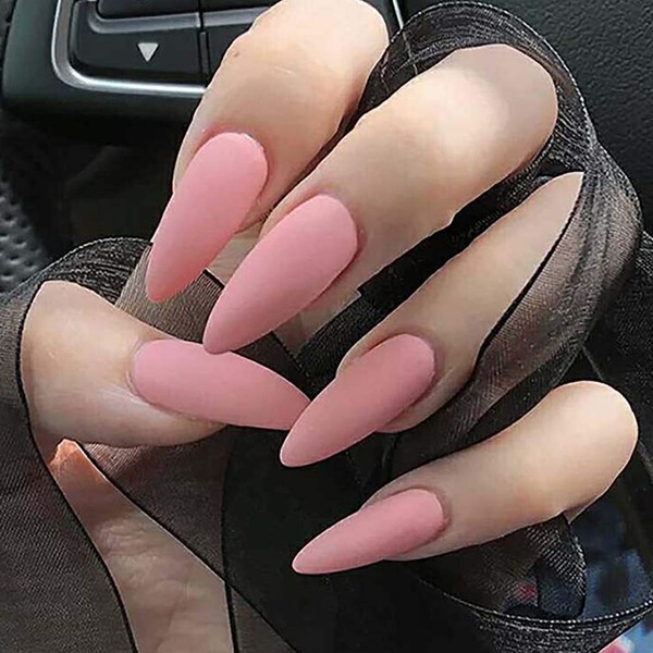 Chicque Matte Press on Nails Pink Stiletto Fake Nails Ballerina Acrylic False Nails for Women and Girls 24PCS