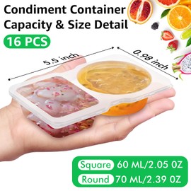 Double Compartment Condiment Containers with Lids, 2025 New Disposable 2 Compartment Snack Containers, Portion Cups Reusable Plastic Snack Container for Sampling, to-go Sauce, Travel Snack (16 Pack)