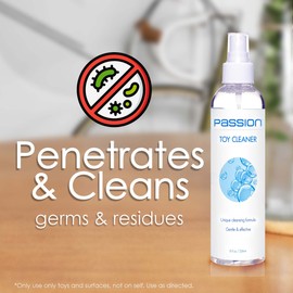Passion Lubes Toy Cleaner 8oz, Mild and Effective Spray Solution Compatible with Common Toy Materials - Unscented Formula, Clear
