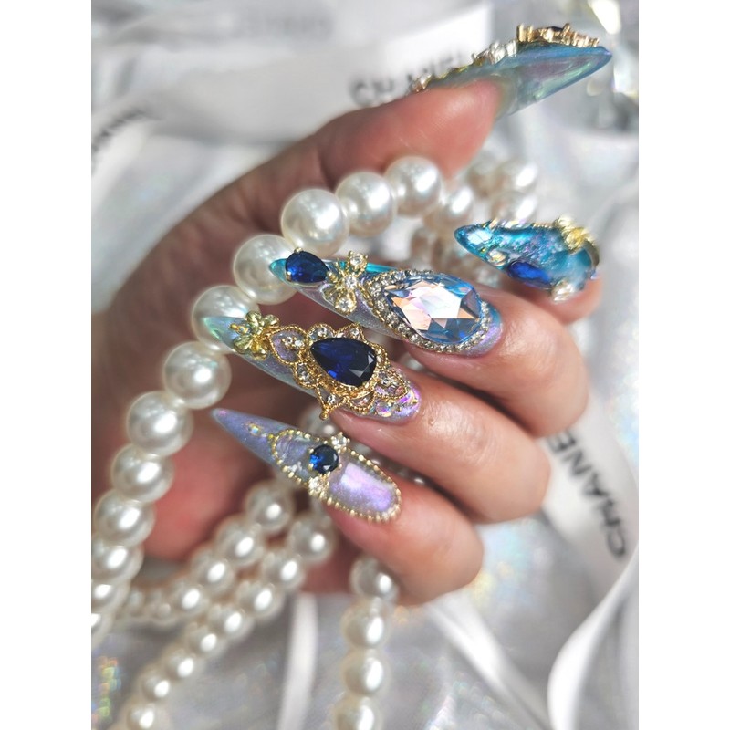 ❣️ Brilliant blue sapphire handmade nail tips ✨ - Long