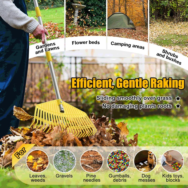 Leaf Rake,Unbreakable Nylon Graden Rake for Lawn,16.5” Wide,45” Long Handle,Yard
