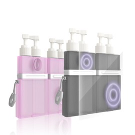 4 in 1 Travel Dispenser Bottle, TSA Approved Refillable Shampoo and Conditioner Bottles Set with Suction Cup for Smooth Walls, Travel Size Toiletries Container for Body Wash Lotion. (Pink+Grey)