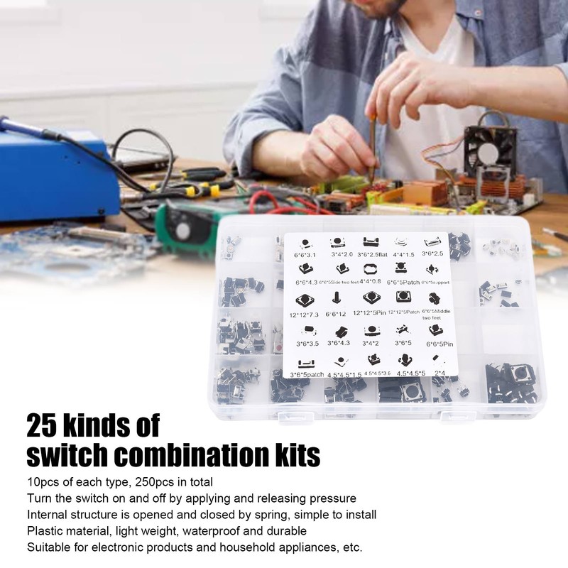 250pcs Tact Push Switch Micro Combination Kit 25 Values Boxed