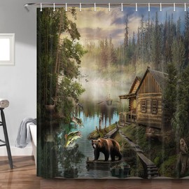 Bzhilja Natural Scenery Lake House Bear Shower Curtain Sets, Wooden Cabin Pine Tree in Magic Forest, Waterproof Fabric Bath Curtain Bathroom Accessories Decor Set with Hooks, 60X70 in