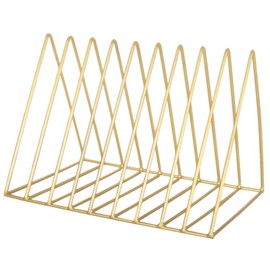 Jinlaili Newspaper Rack Metal Magazine Stand Gold, 9 Slots Triangle Desktop Bookshelf, Record Stand Modern, Newspaper Holder for Office, CD, Magazine