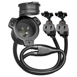 DEWENWILS 15 Amp RV Shore Power Inlet Socket, Dual 125V AC Port Plug Integrated 18 Inch 2-Way Waterproof Extension Cord, NEMA 5-15P to NEMA 5-15R, 14AWG SJTW Cord, Trailer Plug Boat Marine, ETL Listed