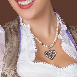 Alpenflüstern DHK162 Pearl Costume Necklace Rhinestone Heart Deer Women's Costume Jewellery with Rhinestone Costume Heart and Stag Head, Elegant Dirndl Necklace in Black and Cream White, Pearl, Pearl