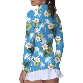 GGOV Golf Shirts for Woman UPF 50+ Sun Protection Quick Dry Lightweight Long Sleeve Polo Shirts for Woman Rash Guard Blue Flowers