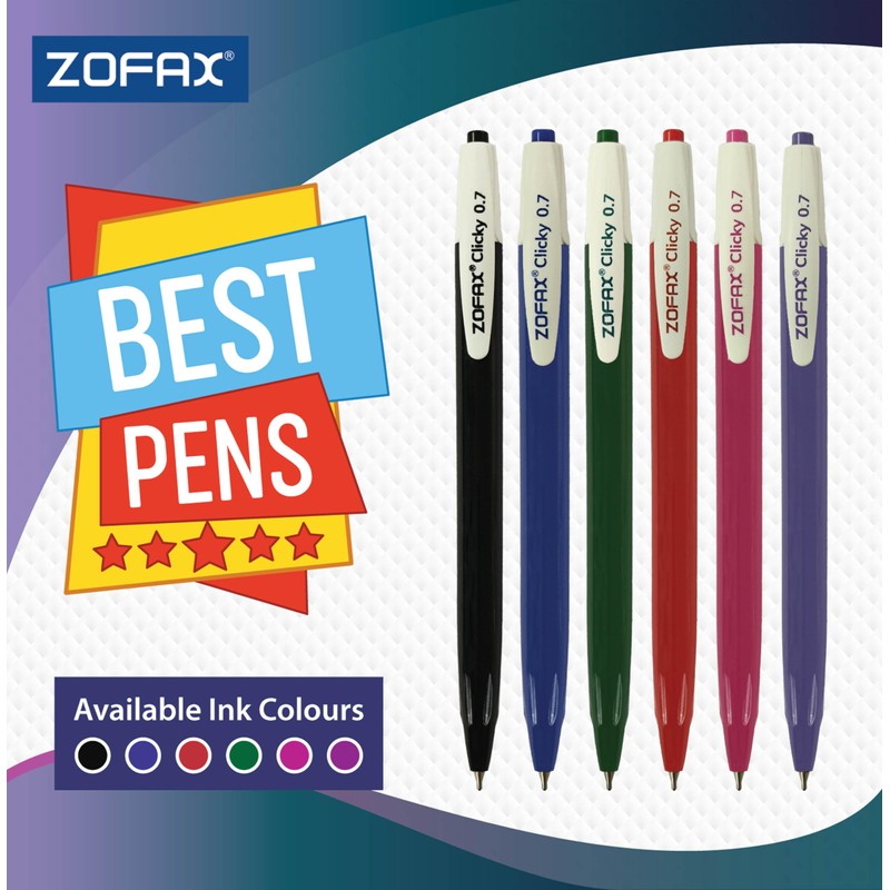 ZOFAX Clicky Retractable Ballpoint Pens, BLACK, Fine Point (0.7mm), Pack