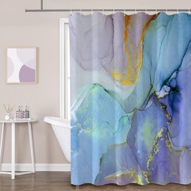 REZAYMRS Marble Modern Shower Curtain with 12 Hooks, 72''x72'' Waterproof Polyester Fabric, Quick Dry, Weighted Hem, Purple and Blue Texture Gold Stripes Shower Curtains, Machine Washable