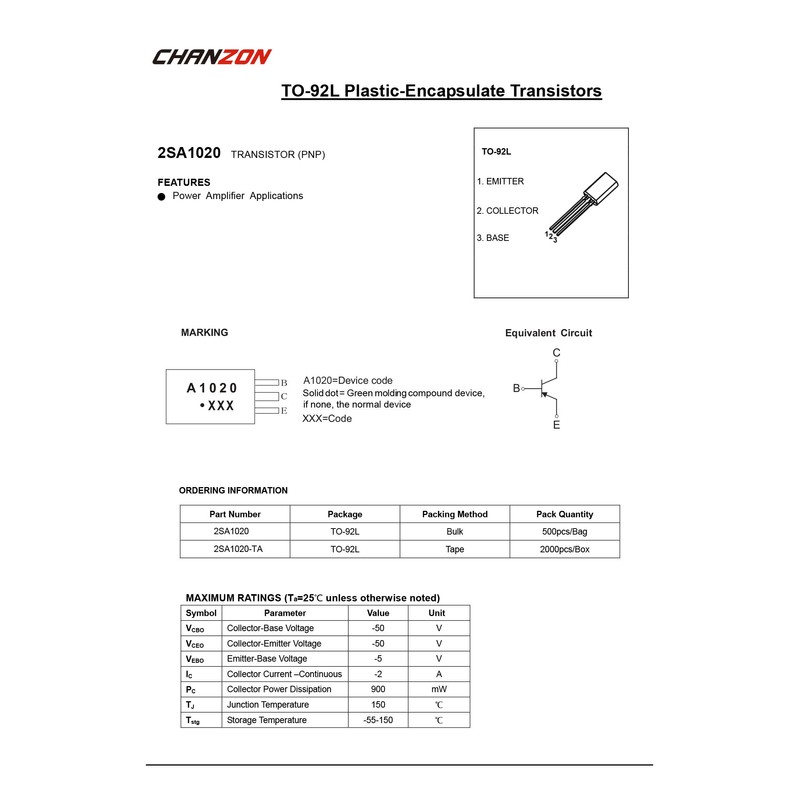 Chanzon 50pcs 2SA1020 TO-92L PNP Transistor -2A