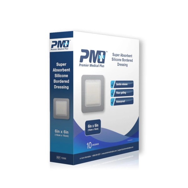 Premier Medical Plus PMP Super Absorbent Silicone Bordered Dressing 6"x6"