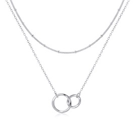 Fettero Layered Necklace Sliver Satellite Chain Choker Interlocking Infinity Hammered Circle Pendant Platinum Plated Dainty Simple 2 Generations Jewelry for Women