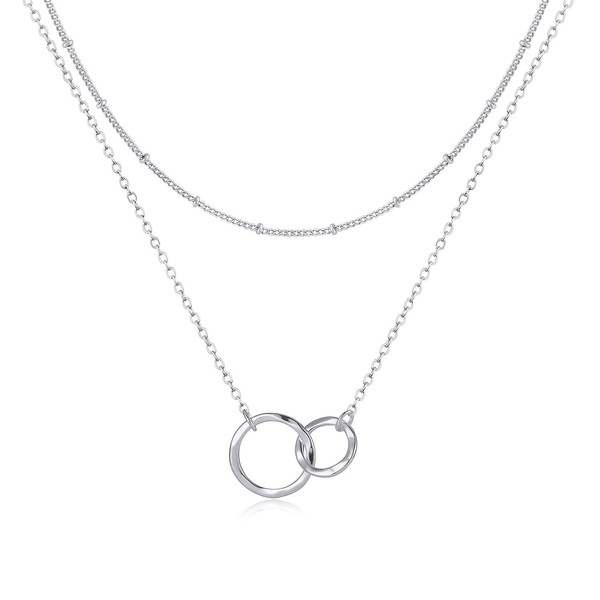 Fettero Layered Necklace Sliver Satellite Chain Choker Interlocking Infinity Hammered