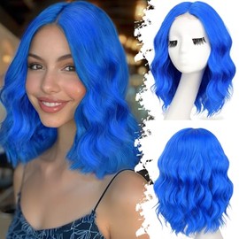 Eawwii Blue Short Wavy Wig for Women Lace Hairline Bob Style Synthetic Heat Resistant - Natural Appearance for Everyday Hairstyle 14 Inch