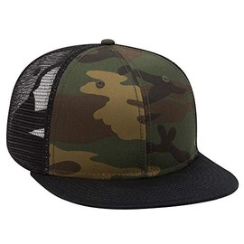 Otto Camouflage Round Flat Visor SNAP 6 Panel Mesh Back Trucker Snapback - Blk/Dk.Grn/BRN/Blk