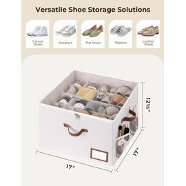 StorageWorks Shoe Organizer for Closet, Fabric Shoe Bins with Clear Cover, Shoe Cubby Storage with Side Mesh Pocket, Fits Up to 16 Pairs,Beige