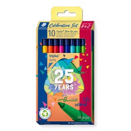 STAEDTLER Triplus celebration 323 C10 TA Fibre Tip Pens Set, Ergonomic Triangular Shank, Line Width 1.0 mm, Long Life, Anniversary Promotion: 8 + 2 Fibre-Tip Pens in Assorted Colours