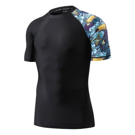 HUGE SPORTS Men's Splice UV Sun Protection UPF 50+ Skins Rash Guard Short Sleeves(HeyToucan, M)