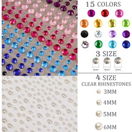 1550Pcs Self Adhesive Rhinestones Pearl for Face Makeup 15 Colors Rainbow Rhinestones Eyes Makeup Stick on Pearls Stickers DIY Nail Decorations