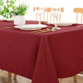 DWCN Rectangle Faux Linen Tablecloth - Textured Waterproof Spill-Proof Wrinkle and Stain Resistant Table Cloth Decorative Fabric Farmhouse Table Cover for Kitchen Dining Party, 54 x 80 Inch, Red